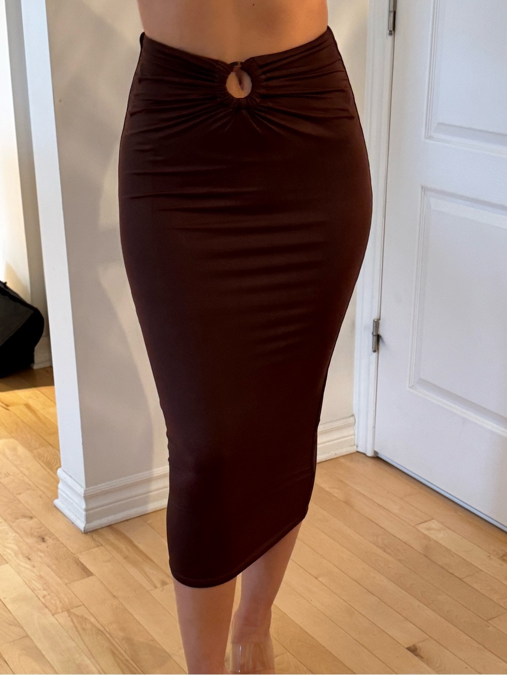 Meshki Women's Chocolate Brown Midi Pencil Skirt with Front Ring Detail